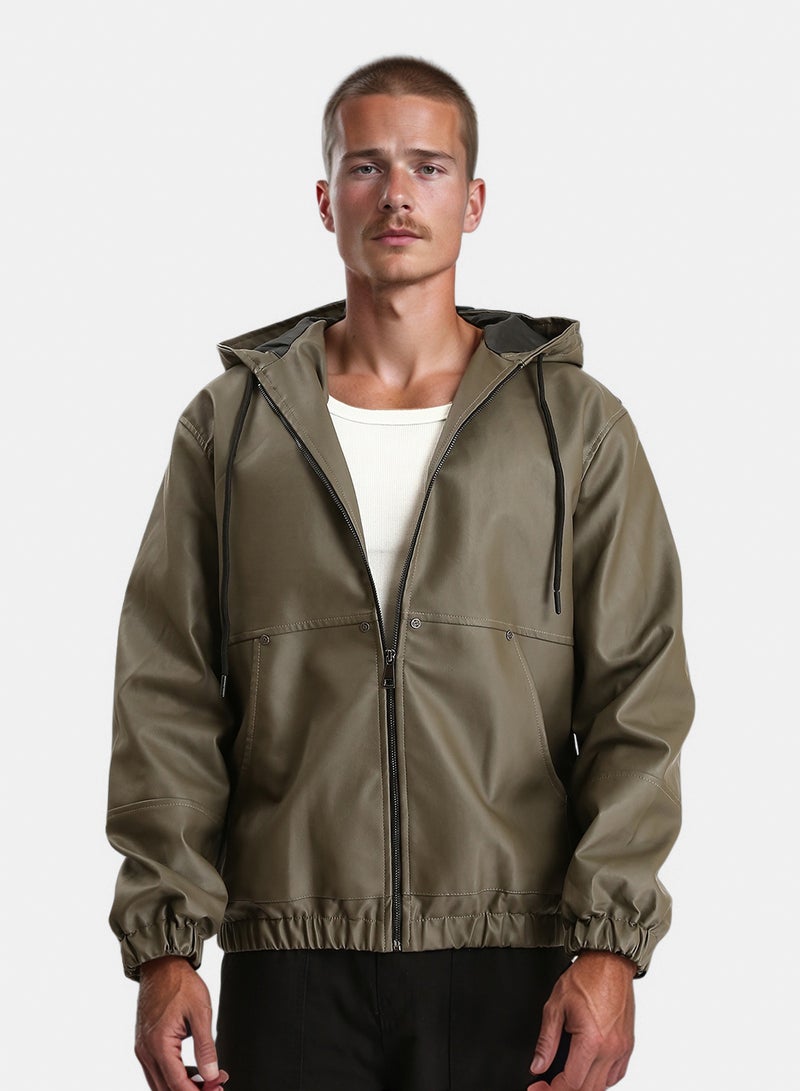 RAVIN Men Hooded Neck With Drawstring Leather Jacket Army Green - Image 1