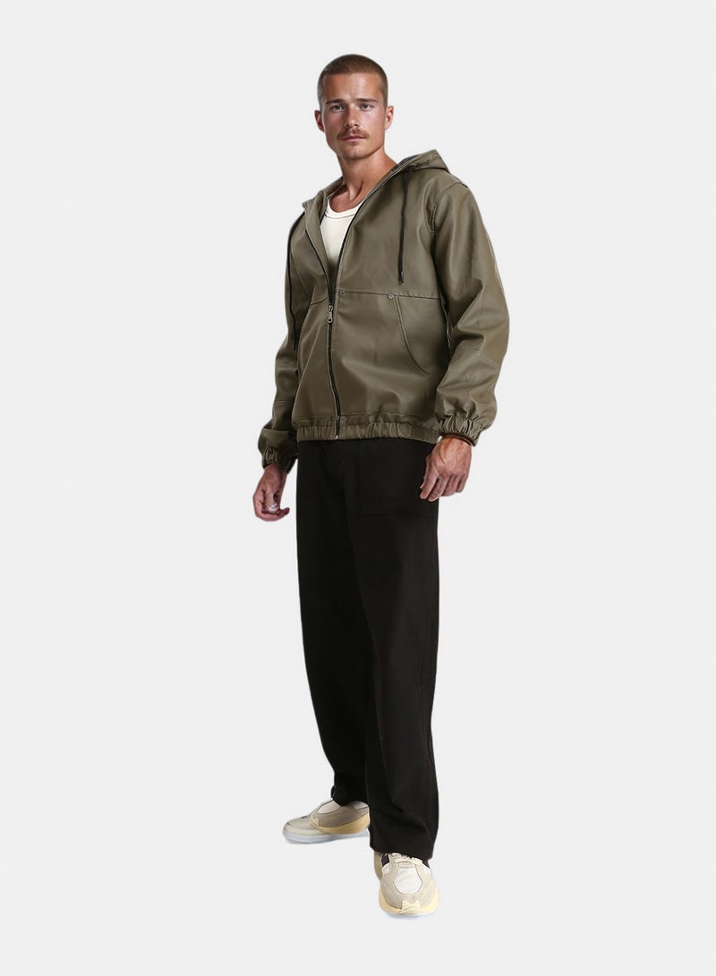 RAVIN Men Hooded Neck With Drawstring Leather Jacket Army Green - Image 5