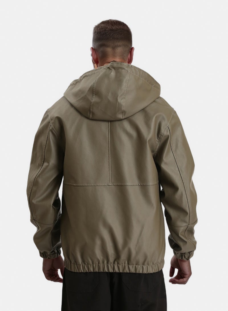 RAVIN Men Hooded Neck With Drawstring Leather Jacket Army Green - Image 2