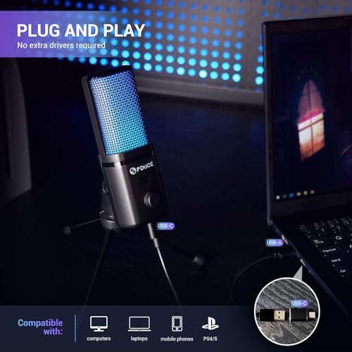 FDUCE Gaming USB Microphone for PC,RGB Condenser Computer Mic with Tripod Stand,Quick Mute,Gain Control,Cardioid Mic for Streaming, Podcast, Twitch, YouTube, PC, Computer, PS5, (M160) - Image 2