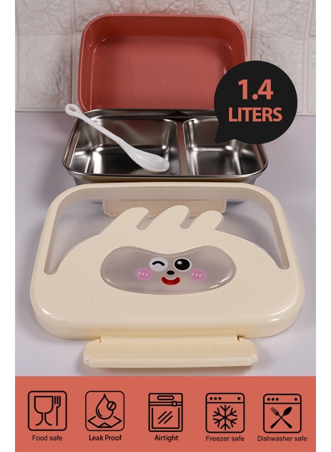 توشيونيكس صندوق غداء من الفولاذ المقاوم للصدأ سعة 1.4 لتر - آمن للاستخدام في الميكروويف، مانع للتسرب، مقسم إلى قسمين، مع ملعقة، طبعة وجه حيوان كرتوني لطيف - مناسب للمدرسة، الحضانة، المنزل، المكتب، السفر، خالٍ من مادة BPA، خفيف الوزن، متين، آمن للاستخدام في الفريزر وغسالة الأطباق - 20×14×5 سم - Image 2