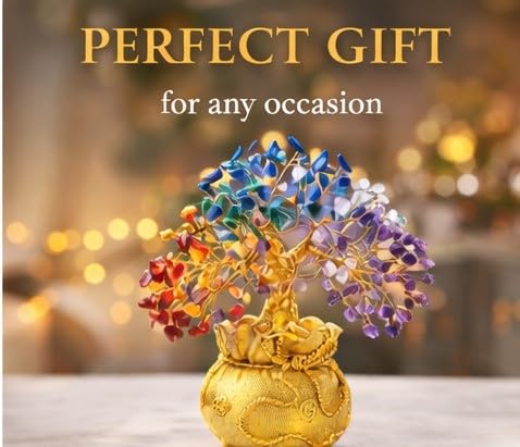 ZAICUS Seven Chakra Crystal Tree Showpiece with Golden Bag Base – Feng Shui Gemstone Bonsai for Home Decor, Office Table & Cororate Gift (7 X 3 Inch) - Image 4