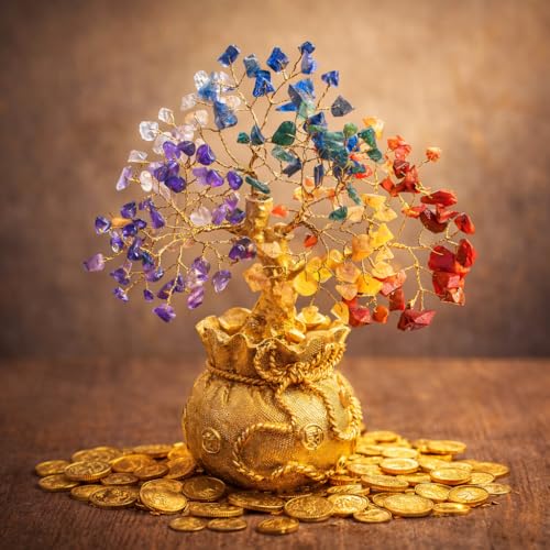 ZAICUS Seven Chakra Crystal Tree Showpiece with Golden Bag Base – Feng Shui Gemstone Bonsai for Home Decor, Office Table & Cororate Gift (7 X 3 Inch) - Image 1