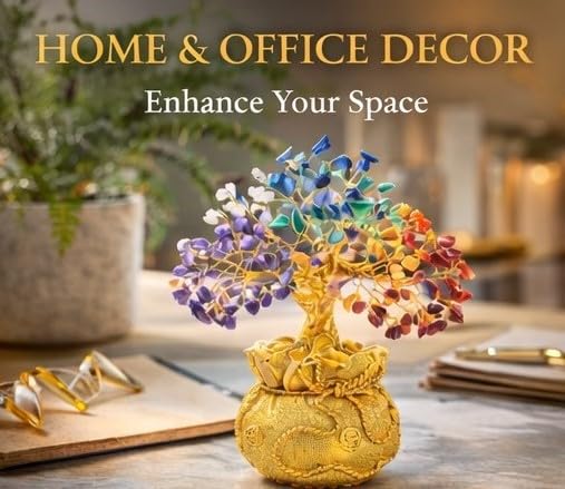 ZAICUS Seven Chakra Crystal Tree Showpiece with Golden Bag Base – Feng Shui Gemstone Bonsai for Home Decor, Office Table & Cororate Gift (7 X 3 Inch) - Image 2