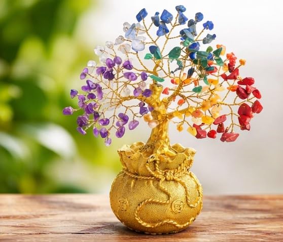 ZAICUS Seven Chakra Crystal Tree Showpiece with Golden Bag Base – Feng Shui Gemstone Bonsai for Home Decor, Office Table & Cororate Gift (7 X 3 Inch) - Image 3