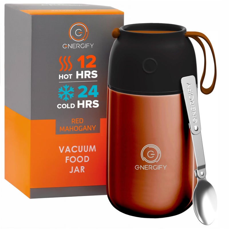 ENERGIFY Vacuum Insulated Food Jar. Large 24oz Bowl incl. Folding Spoon, Cup. Wide Mouth Keep Hot & Cold Drinks Soup Lunch Container for Adults. BPA-Free Stainless Steel, Leak Proof Red Mahogany - Image 1