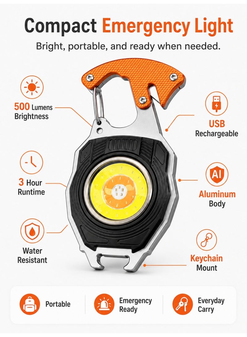 Leoxol Rechargeable LED Keychain Flashlight 500 Lumens | 3 Hour Runtime Emergency Mini Light | Water Resistant Aluminum Multi Tool With Seat Belt Cutter Whistle USB Charging - Image 2