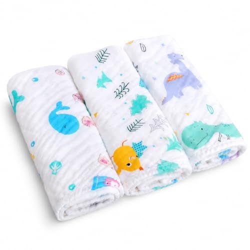 MOM CARE 6 Layer Muslin Baby Washcloth Napkins for Newborn Baby, Ultra Soft Reusable Cotton Face Towels, Highly Absorbent Burp Cloth Feeding Wipes for Babies, Pack of 3 - Image 1