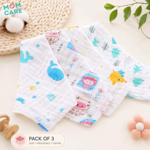 MOM CARE 6 Layer Muslin Baby Washcloth Napkins for Newborn Baby, Ultra Soft Reusable Cotton Face Towels, Highly Absorbent Burp Cloth Feeding Wipes for Babies, Pack of 3 - Image 2