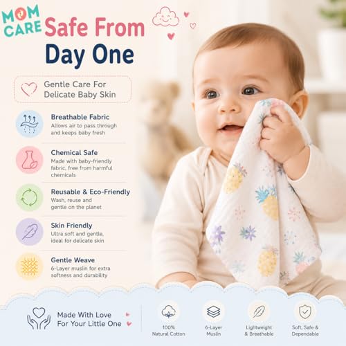 MOM CARE 6 Layer Muslin Baby Washcloth Napkins for Newborn Baby, Ultra Soft Reusable Cotton Face Towels, Highly Absorbent Burp Cloth Feeding Wipes for Babies, Pack of 3 - Image 3