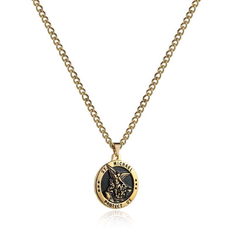 HZMAN St Michael The Archangel Catholic Medal Stainless Steel Amulet Pendant Necklace 22+2" Rolo Curb Chain (Silver & Gold-1) - Image 2