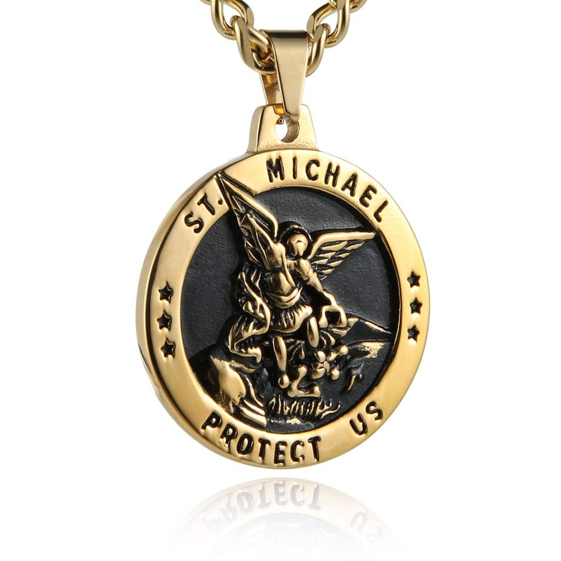HZMAN St Michael The Archangel Catholic Medal Stainless Steel Amulet Pendant Necklace 22+2" Rolo Curb Chain (Silver & Gold-1) - Image 1