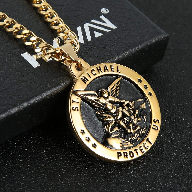 HZMAN St Michael The Archangel Catholic Medal Stainless Steel Amulet Pendant Necklace 22+2" Rolo Curb Chain (Silver & Gold-1) - Image 3