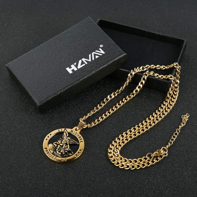HZMAN St Michael The Archangel Catholic Medal Stainless Steel Amulet Pendant Necklace 22+2" Rolo Curb Chain (Silver & Gold-1) - Image 5