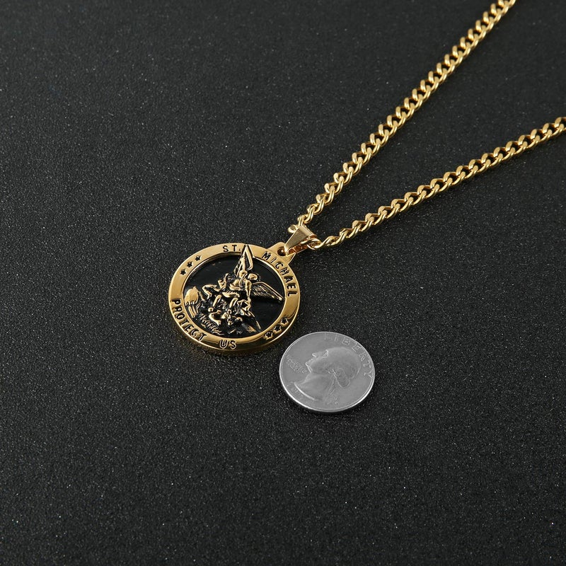 HZMAN St Michael The Archangel Catholic Medal Stainless Steel Amulet Pendant Necklace 22+2" Rolo Curb Chain (Silver & Gold-1) - Image 4