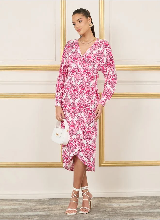 Styli Damask Print A-Line Wrap Midi Dress