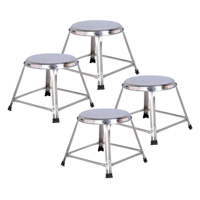 12 INCH STAINLESS STEEL STOOL FOR SITTING ROUND SHAPE HOMEDOCTORMEDICAL STOOLSALON STOOLWAREHOUSE STOOLGARAGE STOOLMULTIPURPOSE STOOL PACK OF 4 SILVER