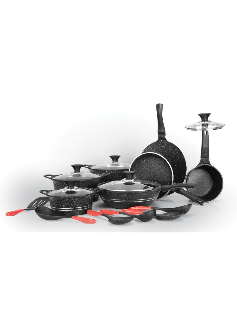 Sonex EDEN PLUS 20-Piece Marble Coating Cookware Set with Glass Lids, Non-Stick Pots & Pans, Black Gift Pack - Image 1