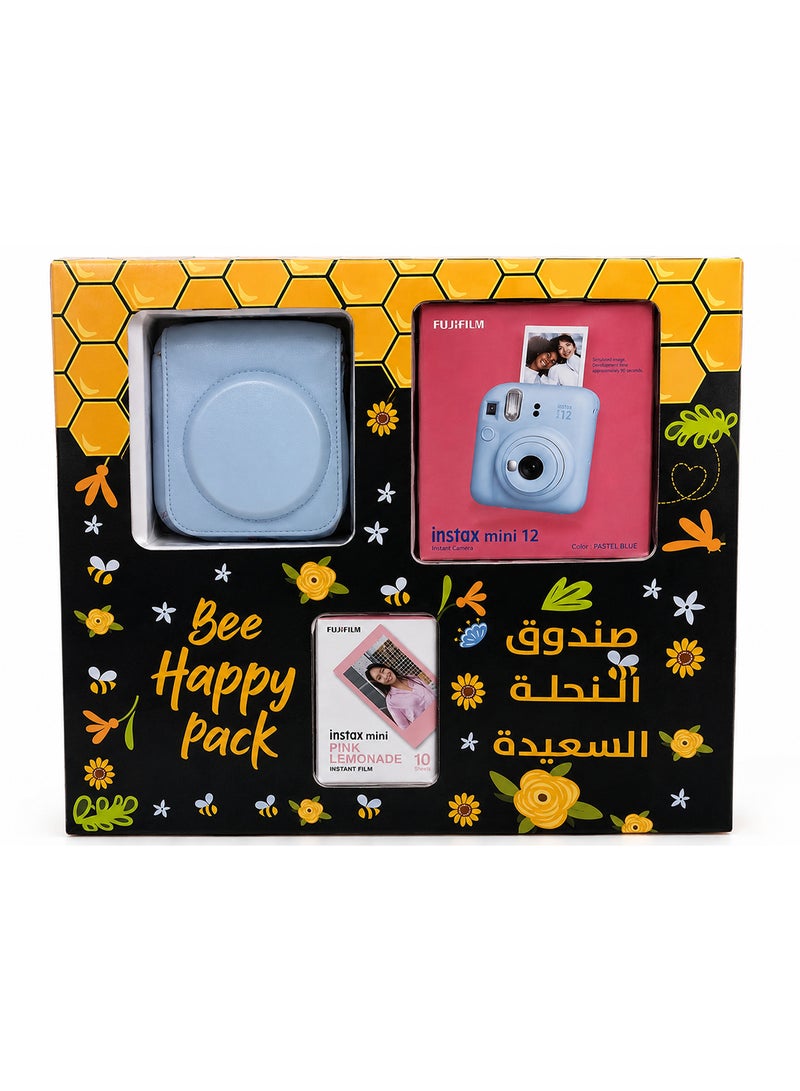 فوجي فيلم كاميرا Instax Mini 12 مع مجموعة Bee Happy Pack (أزرق فاتح) - Image 1