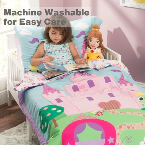 EVERYDAY KIDS 4 Piece Toddler Bedding Set -Princess Storyland- Includes Comforter, Flat Sheet, Fitted Sheet and Reversible Pillowcase - Image 4