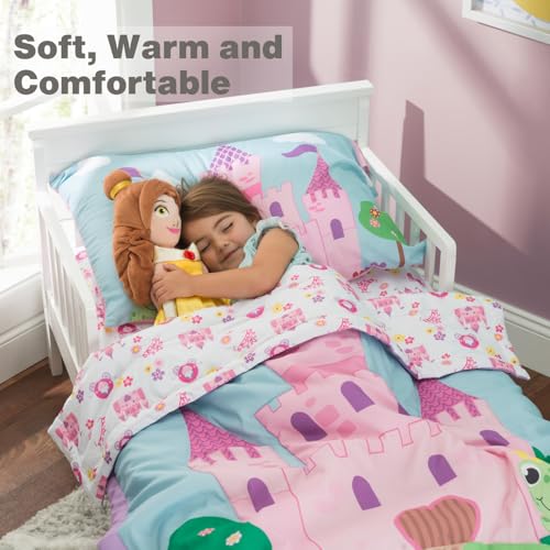 EVERYDAY KIDS 4 Piece Toddler Bedding Set -Princess Storyland- Includes Comforter, Flat Sheet, Fitted Sheet and Reversible Pillowcase - Image 3