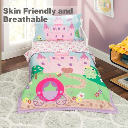 EVERYDAY KIDS 4 Piece Toddler Bedding Set -Princess Storyland- Includes Comforter, Flat Sheet, Fitted Sheet and Reversible Pillowcase - Image 2