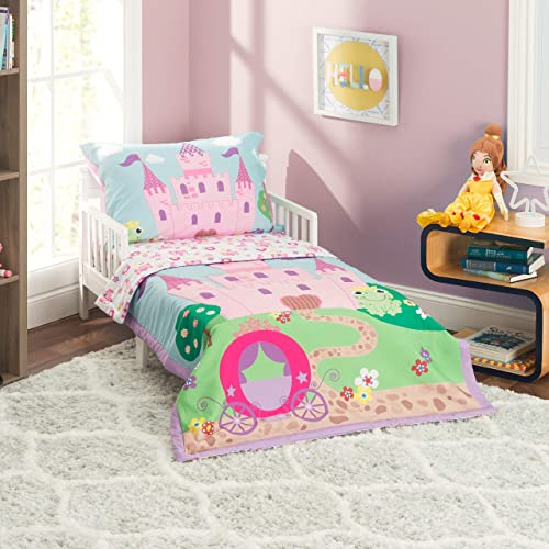 EVERYDAY KIDS 4 Piece Toddler Bedding Set -Princess Storyland- Includes Comforter, Flat Sheet, Fitted Sheet and Reversible Pillowcase - Image 1