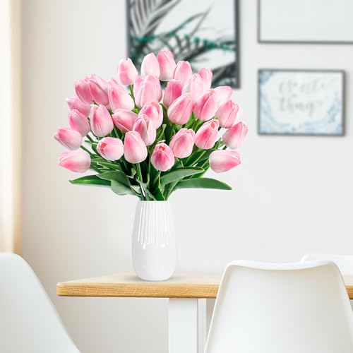 Sggvecsy 15 Pcs Fake Tulips Artificial Flowers Real Touch PU Faux Flowers Tulip Stems for Wedding Spring Bouquet Floral Arrangement Home Party Office Decorations for Mothers Day Light Pink - Image 3