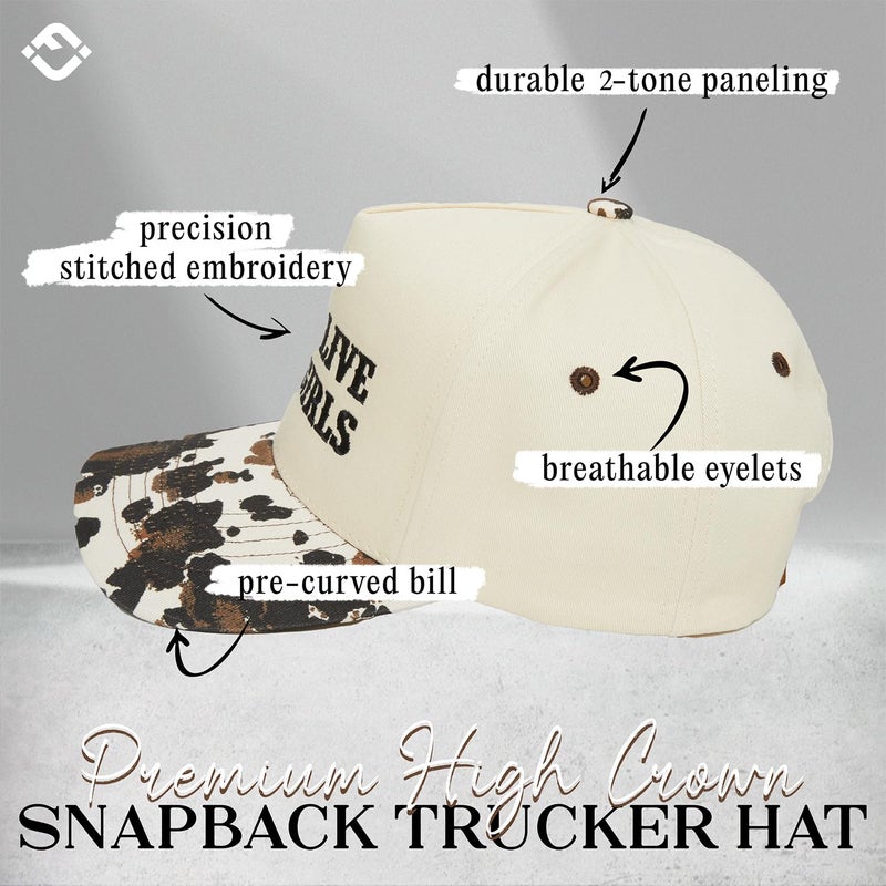 Funky Junque Two-Tone Canvas Snapback Baseball Cap - Long Live Cowgirls - Cow Print/Beige - Image 3