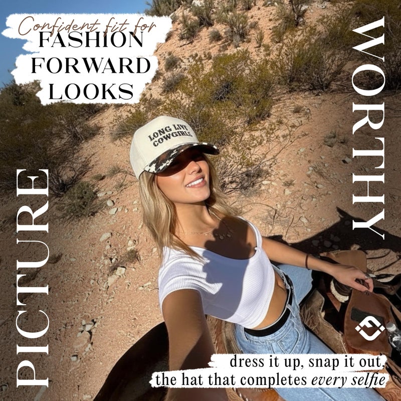 Funky Junque Two-Tone Canvas Snapback Baseball Cap - Long Live Cowgirls - Cow Print/Beige - Image 2