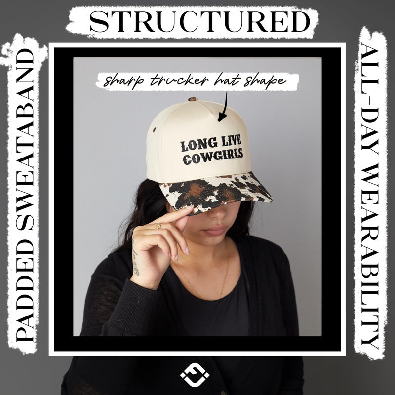 Funky Junque Two-Tone Canvas Snapback Baseball Cap - Long Live Cowgirls - Cow Print/Beige - Image 5