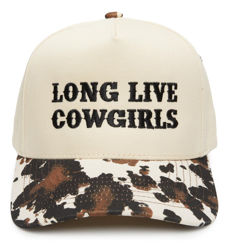 Funky Junque Two-Tone Canvas Snapback Baseball Cap - Long Live Cowgirls - Cow Print/Beige - Image 1