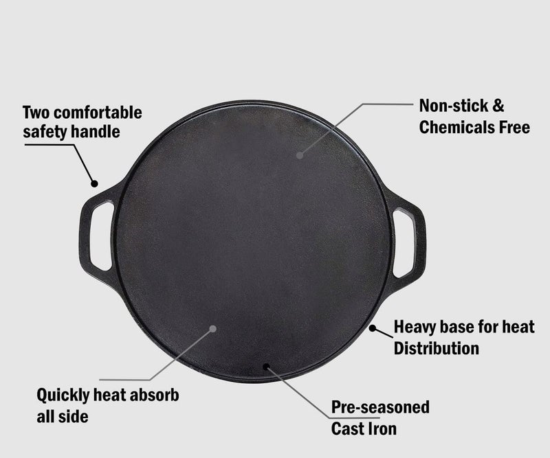 XL Kitchen Pre-Seasoned Cast Iron Dosa/Roti/Chapati Tawa, 12 Inch (Black) - Image 2
