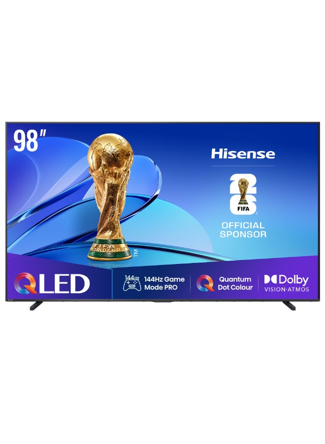 هايسنس تلفاز ذكي QLED مقاس 98 بوصة بتردد 144 هرتز E7Q - لون النقاط الكمية، صورة مدعومة بالذكاء الاصطناعي، دولبي فيجن، دولبي أتموس، مشاركة إلى التلفاز، تحكم صوتي، وضع صانع الأفلام، يوتيوب، نتفليكس، ديزني+ (نسخة الإمارات 2025) - Image 1