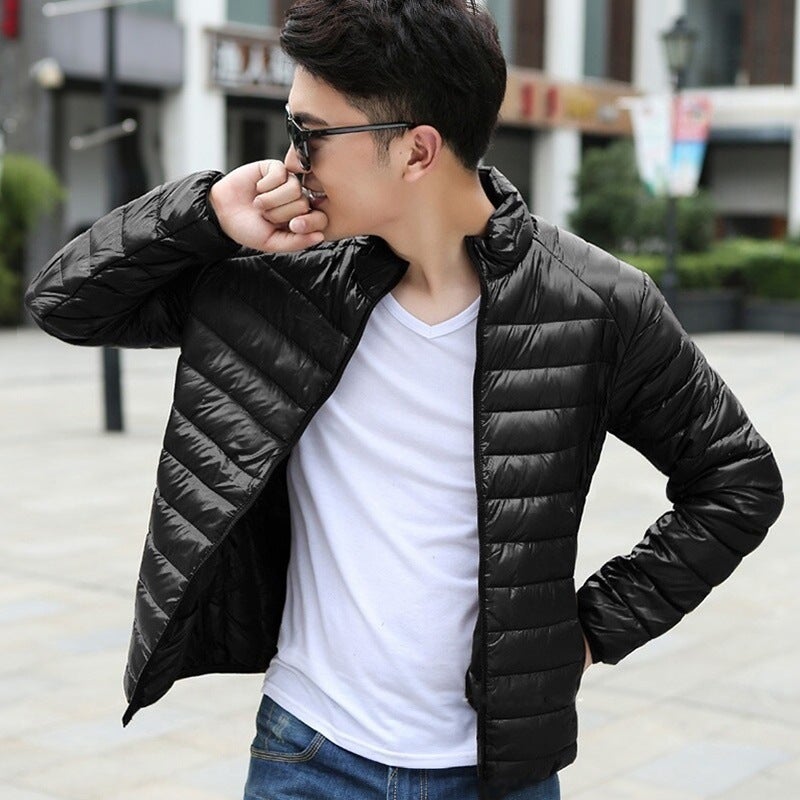 Generic Versatile Mens Lightweight Down Jacket for Autumn Winter Black Stand Collar