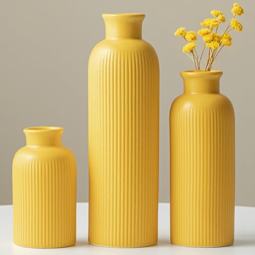 vaurcesa Modern Ceramic Vase Set, Yellow Ribbed Matte Design, 3-Piece Decorative Vases for Home, Living Room, Office (Yellow) - Image 1