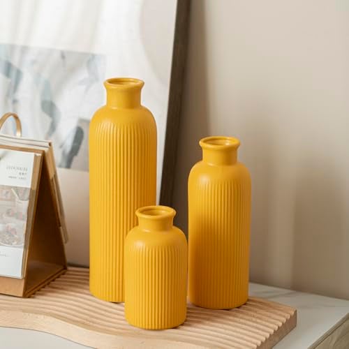 vaurcesa Modern Ceramic Vase Set, Yellow Ribbed Matte Design, 3-Piece Decorative Vases for Home, Living Room, Office (Yellow) - Image 5