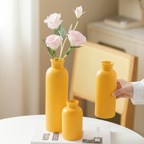 vaurcesa Modern Ceramic Vase Set, Yellow Ribbed Matte Design, 3-Piece Decorative Vases for Home, Living Room, Office (Yellow) - Image 2