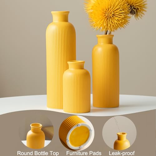 vaurcesa Modern Ceramic Vase Set, Yellow Ribbed Matte Design, 3-Piece Decorative Vases for Home, Living Room, Office (Yellow) - Image 3