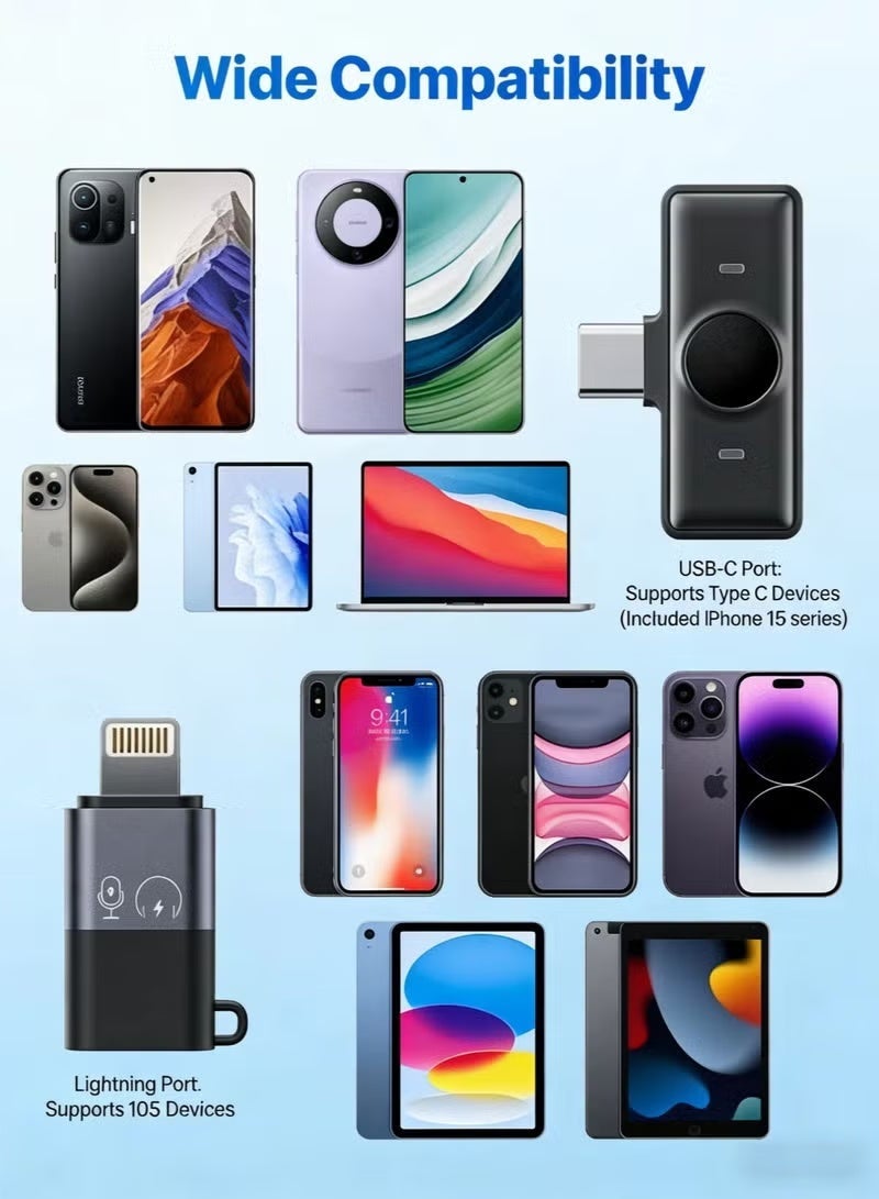 ميكروفون لاسلكي من النوع C لأجهزة iPhone/Android مزود بخاصية إلغاء الضوضاء الذكية وعمر بطارية طويل للغاية لمدونات الفيديو، وميكروفون لاسلكي من نوع TikTok لمنشئي محتوى YouTube (مزود بمحول Apple). - Image 4