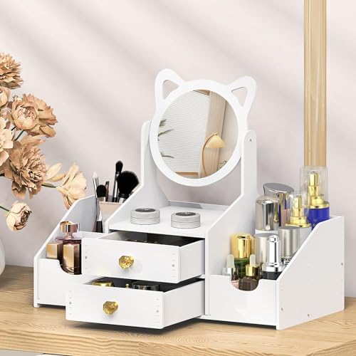 FunBlast Makeup Desk Organizer with Mirror – DIY Cosmetic Storage Box for Vanity Countertop & Dressing Table, Nail Polish, Lipstick, Brushes, Beauty Product Storage Container for Women & Girls - Image 1