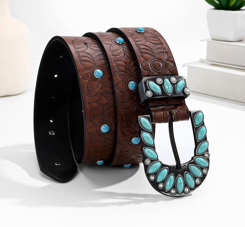 Voenkca Western-Belt Woman Turquoise-Cowgirl-Belts for Jeans-Pants - 28"-38" - Image 3