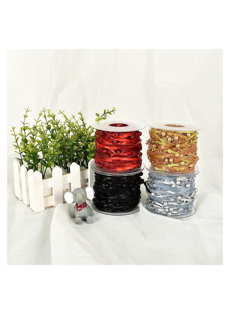 SYOSI 11 Yards Red Beads Chain Ribbon Artificial Pearls String Beads Sheer Chiffon Satin 3 Strings Style for Garland Wedding Party Crafts Decoration Gift Wrapping Valen tine's Day Bouquet Packaging - Image 2