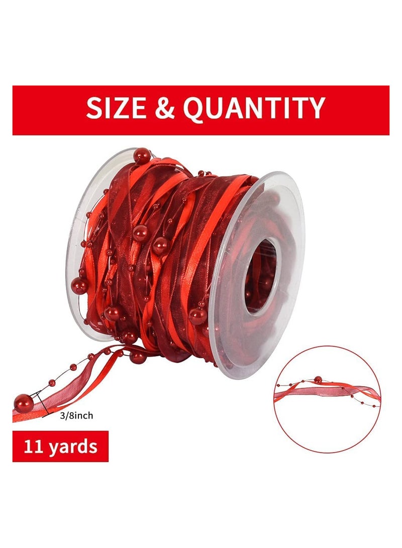 SYOSI 11 Yards Red Beads Chain Ribbon Artificial Pearls String Beads Sheer Chiffon Satin 3 Strings Style for Garland Wedding Party Crafts Decoration Gift Wrapping Valen tine's Day Bouquet Packaging - Image 3