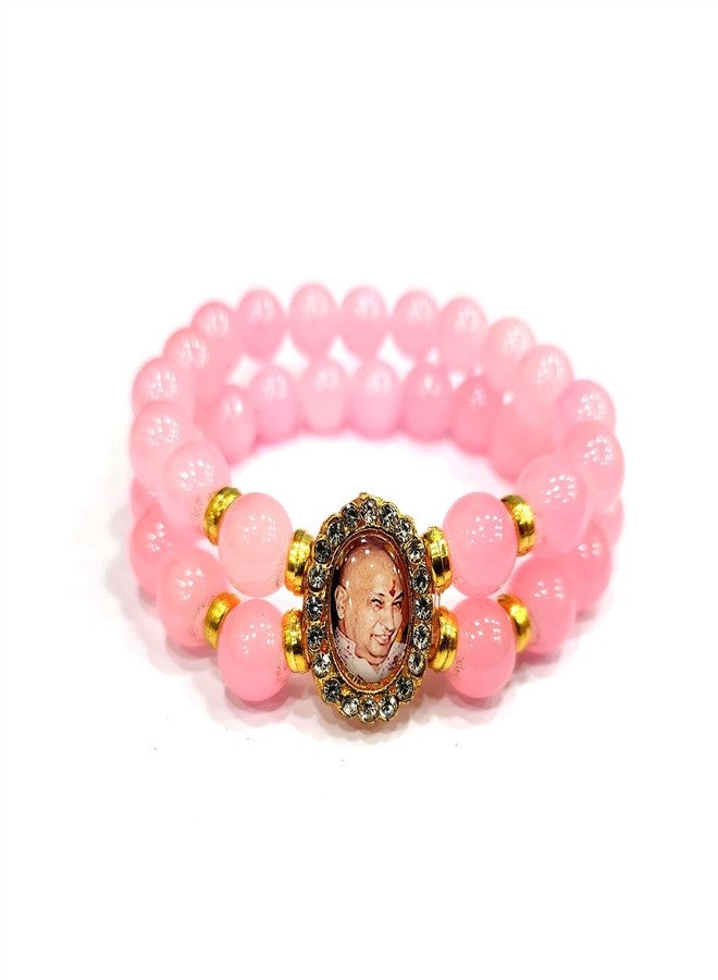 SATVIK 2 Pc Light Pink Round Pearl Bracelet with Jai Guruji Swaroop Handmade Bracelets Jai Chhatarpur Guruji Blessing Shukrana Satsang Jai Guru Ji Maharaj Positive Vibes Wrist Band Bulk Return Gifts - Image 1