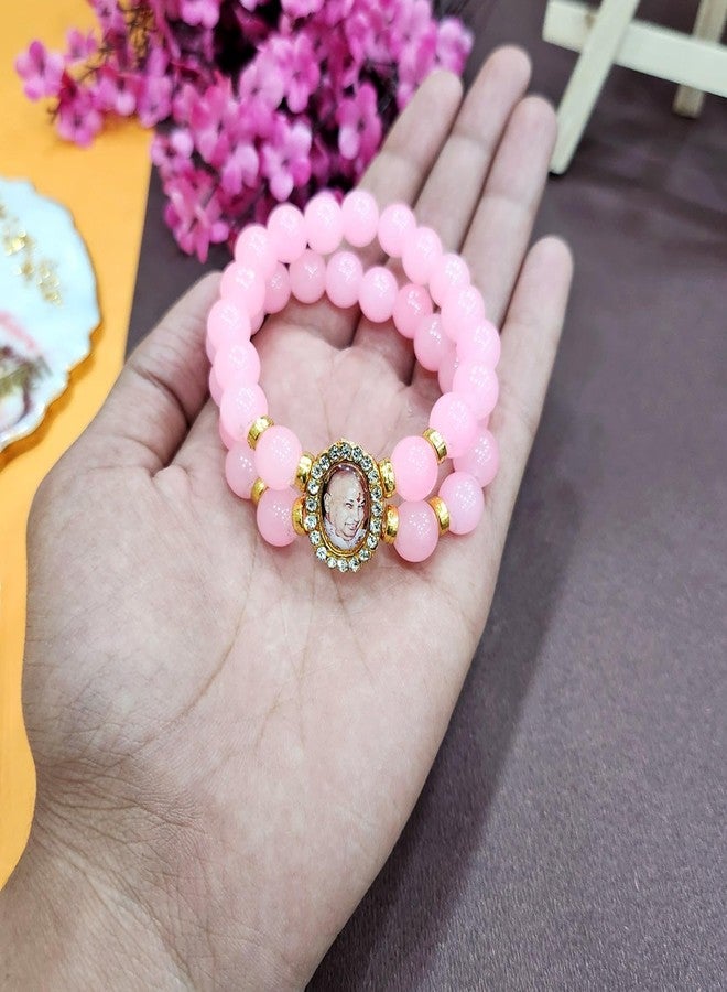SATVIK 2 Pc Light Pink Round Pearl Bracelet with Jai Guruji Swaroop Handmade Bracelets Jai Chhatarpur Guruji Blessing Shukrana Satsang Jai Guru Ji Maharaj Positive Vibes Wrist Band Bulk Return Gifts - Image 4