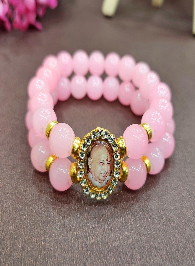 SATVIK 2 Pc Light Pink Round Pearl Bracelet with Jai Guruji Swaroop Handmade Bracelets Jai Chhatarpur Guruji Blessing Shukrana Satsang Jai Guru Ji Maharaj Positive Vibes Wrist Band Bulk Return Gifts - Image 3