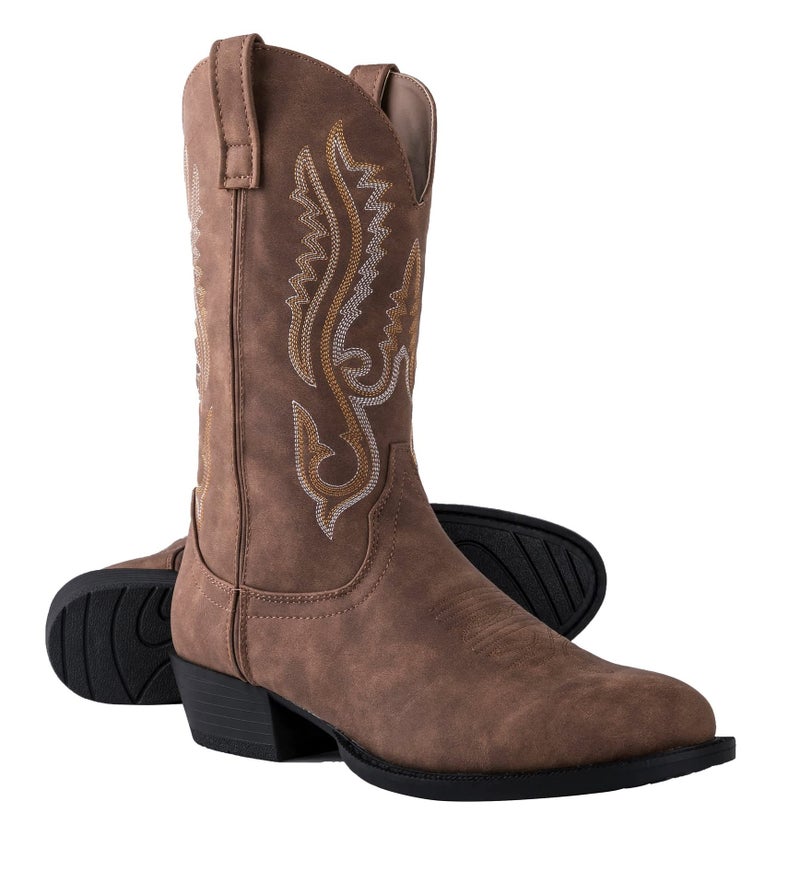 Canyon Trails Men's Cowboy Boots - Round Toe Western Boots with Embroidery, Pull-On Fit, Durable Rubber Sole Mens Shoes - Brown, Size 13