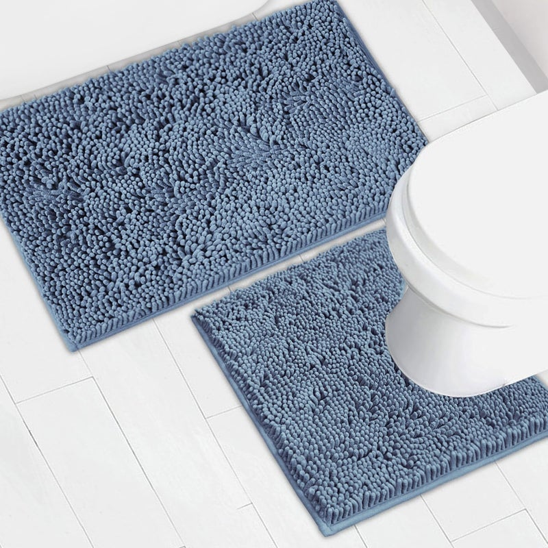 AINAHYVA Bathroom Rugs Chenille Bath mat 2 Piece Set Super Absorbent Strong PVC Non Slip Backing Bath mats for Bathroom Plush Shaggy Thick Machine Washable Bathtub Toilet Medium Blue - Image 2