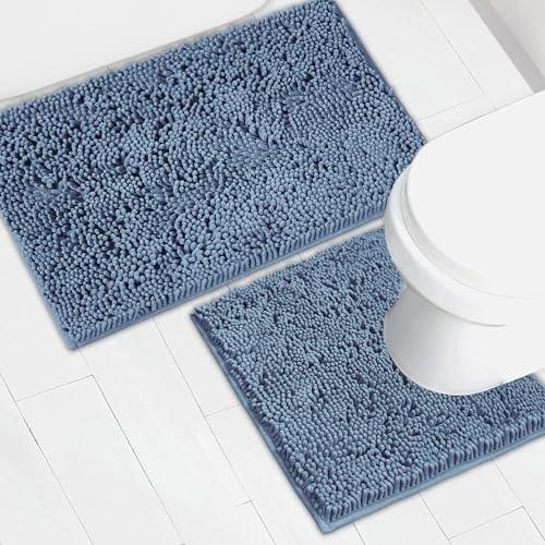 AINAHYVA Bathroom Rugs Chenille Bath mat 2 Piece Set Super Absorbent Strong PVC Non Slip Backing Bath mats for Bathroom Plush Shaggy Thick Machine Washable Bathtub Toilet Medium Blue - Image 1